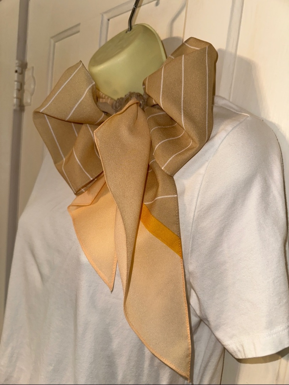 Vintage Striped Tan, Gold & Peach Polyester Scarf, Sash or Belt‎